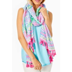 Lilly Pulitzer Resort Scarf In Multi Stargazer Green Pink Blue Tassel Fringe